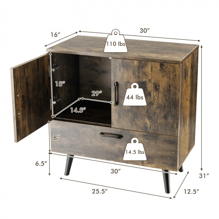 Mid-century storage cabinet in rustic brown with 2 doors and 1 pull-out drawer, ideal for living room or entryway.